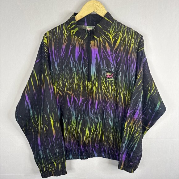 Surf Style Neon Abstract Lightning Print Half Zip Windbreaker One Size Retro 90s - Picture 1 of 6